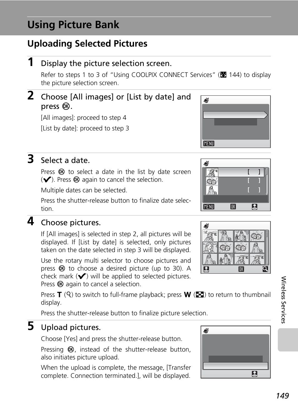 Using picture bank, Uploading selected pictures | Nikon Coolpix S50c User Manual | Page 163 / 195
