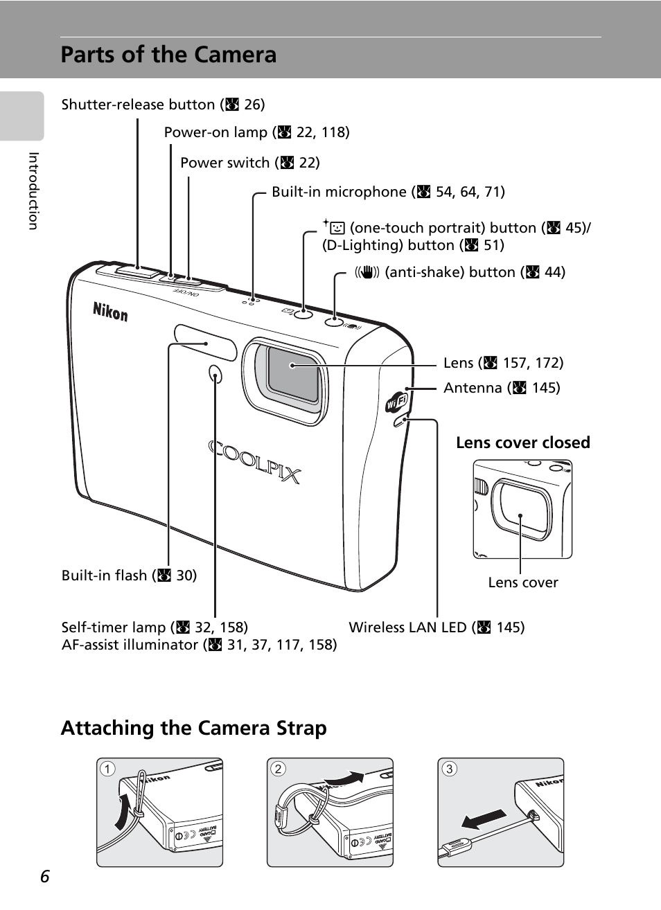 Parts of the camera, Attaching the camera strap | Nikon Coolpix S50c User Manual | Page 20 / 195