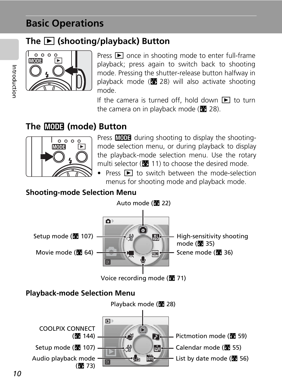 Basic operations, The (shooting/playback) button, The (mode) button | C 10, C 10) | Nikon Coolpix S50c User Manual | Page 24 / 195