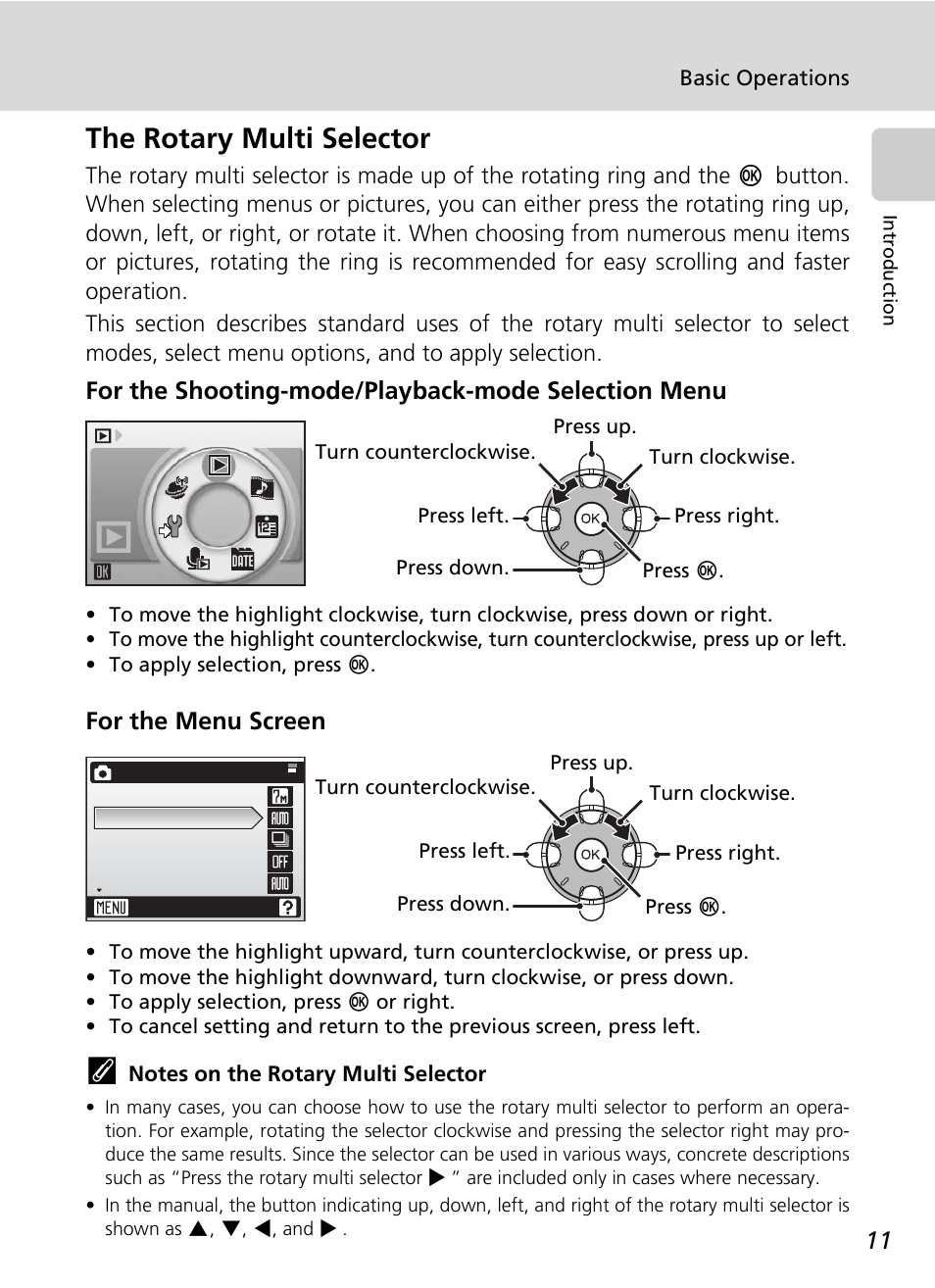 The rotary multi selector, On: c 11, C 11 | For the shooting-mode/playback-mode selection menu, For the menu screen | Nikon Coolpix S50c User Manual | Page 25 / 195