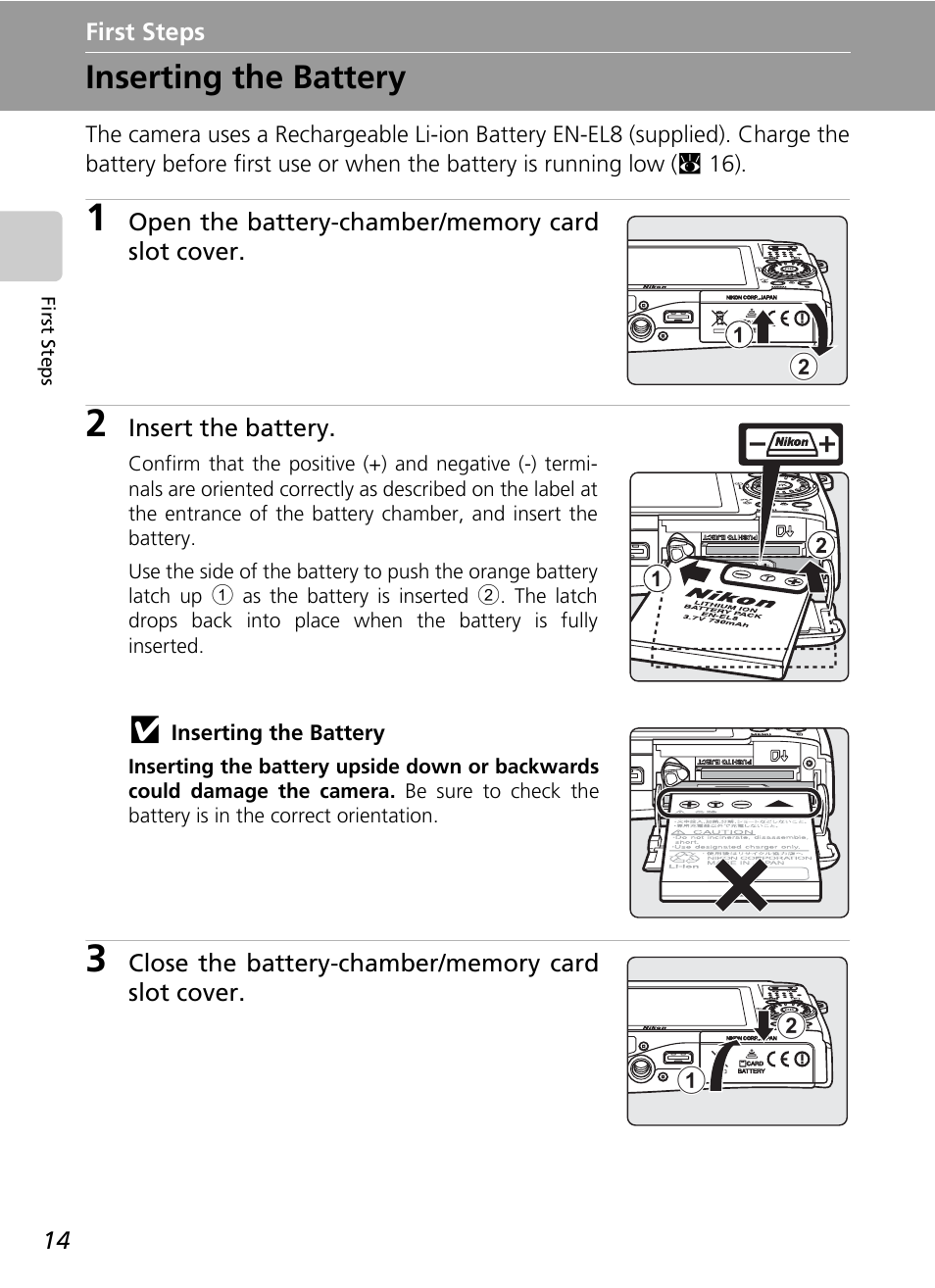 First steps, Inserting the battery, C 14 | R (c 14), H (c 14 | Nikon Coolpix S50c User Manual | Page 28 / 195