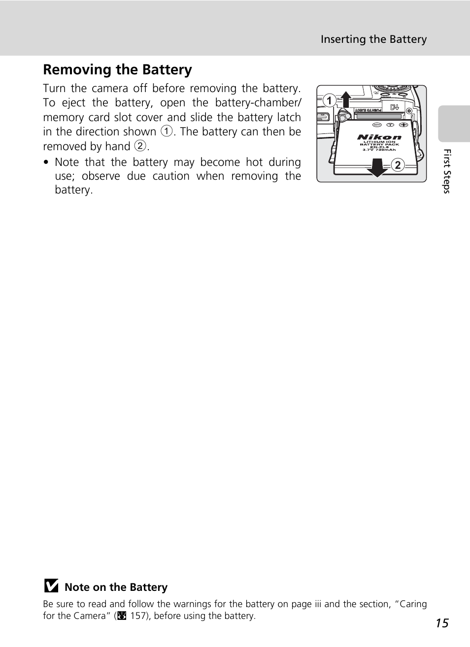 Removing the battery | Nikon Coolpix S50c User Manual | Page 29 / 195