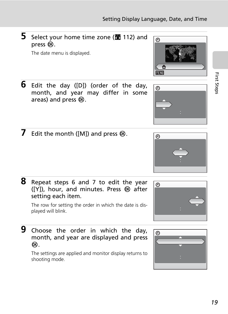 Select your home time zone (c 112) and press d, Edit the month ([m]) and press d | Nikon Coolpix S50c User Manual | Page 33 / 195