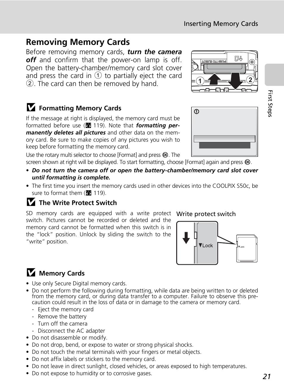 Removing memory cards | Nikon Coolpix S50c User Manual | Page 35 / 195