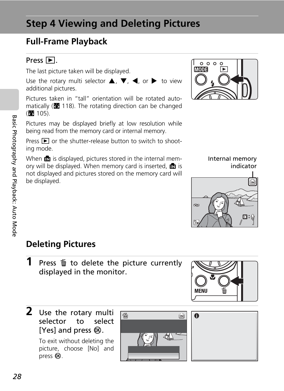 Step 4 viewing and deleting pictures, C 28, Back mode (c 28) | C 28), Full-frame playback, Deleting pictures, Press i | Nikon Coolpix S50c User Manual | Page 42 / 195