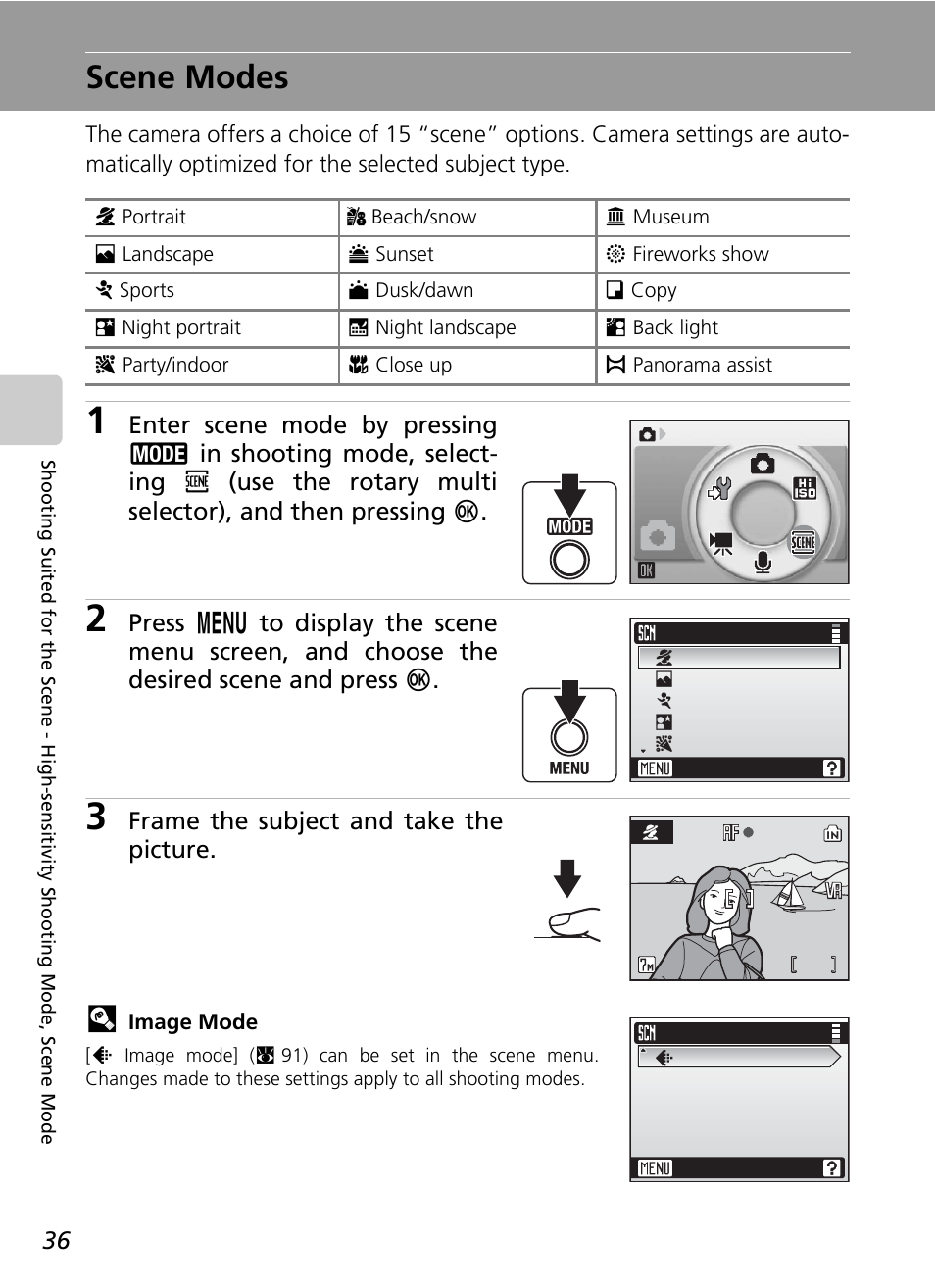 Scene modes, C 36, C 36) | Frame the subject and take the picture | Nikon Coolpix S50c User Manual | Page 50 / 195