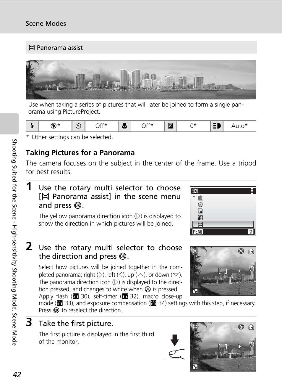 Taking pictures for a panorama, Take the first picture | Nikon Coolpix S50c User Manual | Page 56 / 195