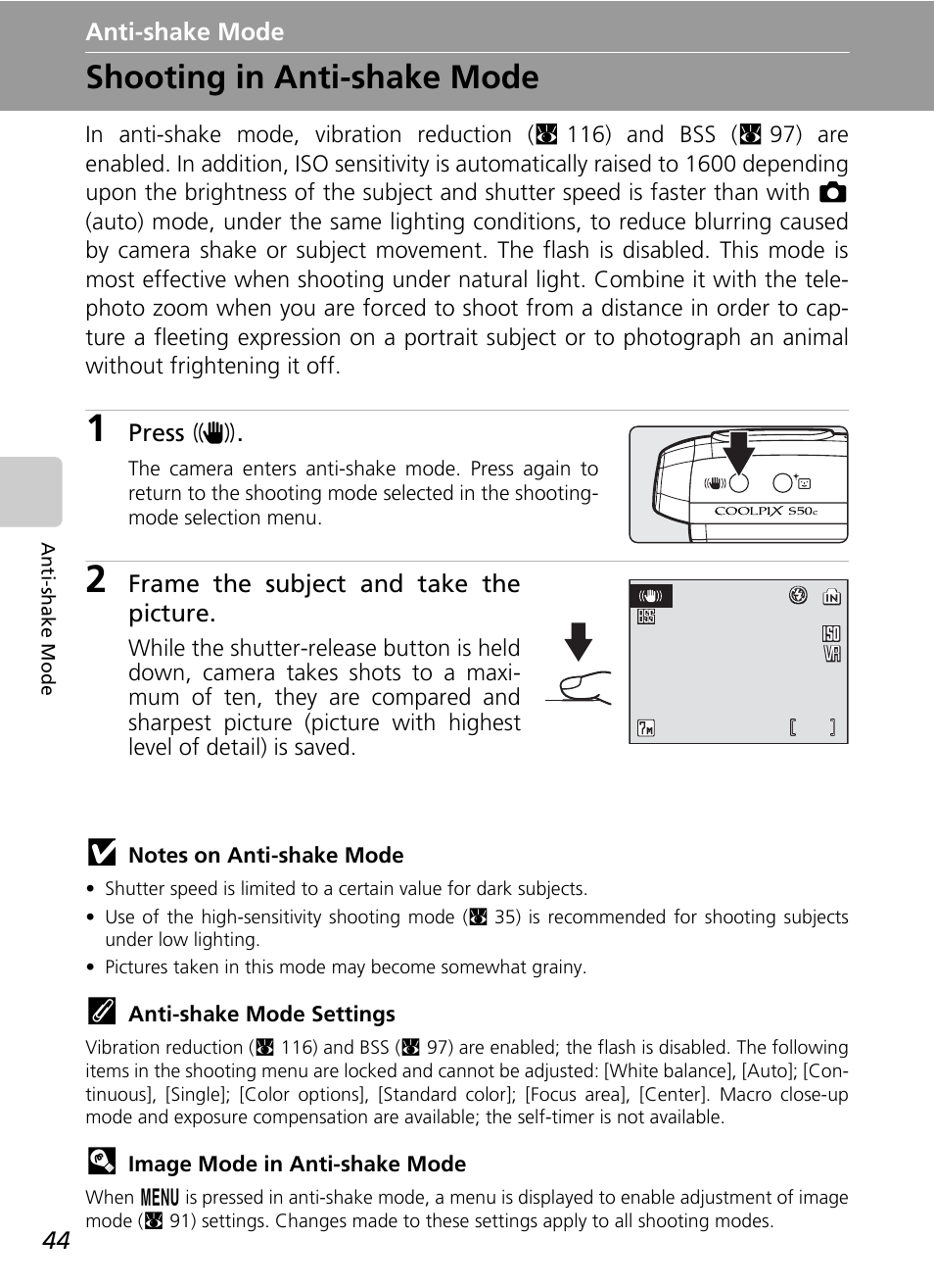 Anti-shake mode, Shooting in anti-shake mode, C 44) | C 44, De (c 44 | Nikon Coolpix S50c User Manual | Page 58 / 195