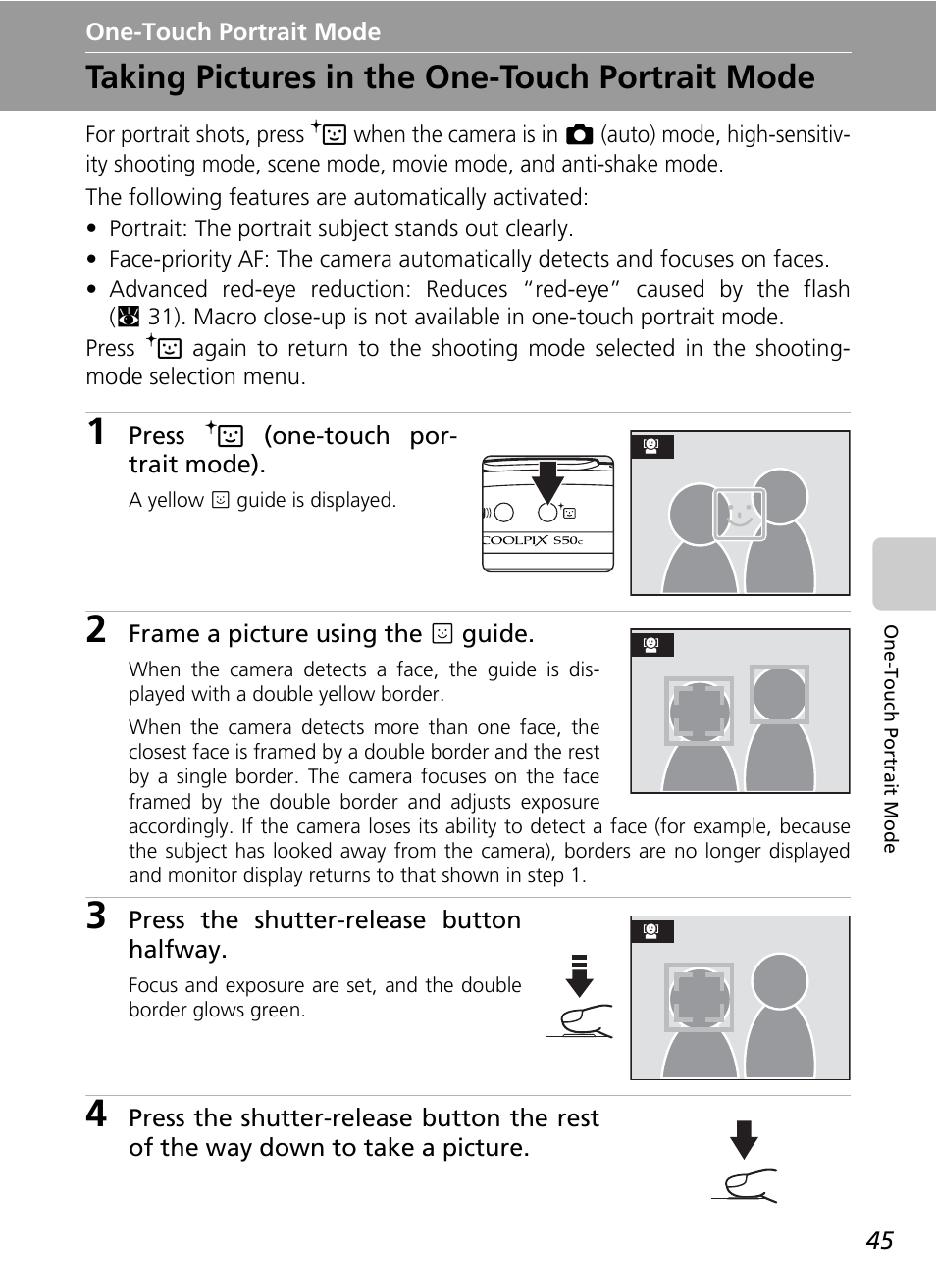 One-touch portrait mode, Taking pictures in the one-touch portrait mode, C 45) | Nikon Coolpix S50c User Manual | Page 59 / 195