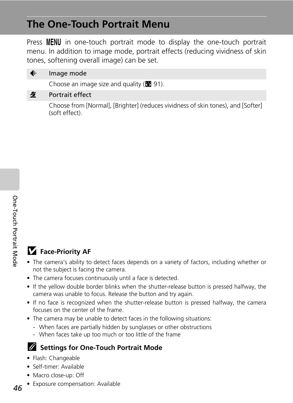 The one-touch portrait menu, C 46) | Nikon Coolpix S50c User Manual | Page 60 / 195