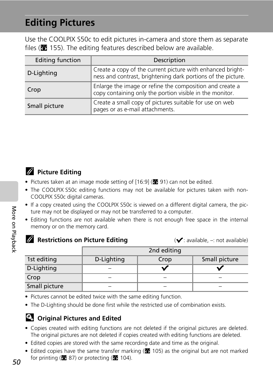 Editing pictures | Nikon Coolpix S50c User Manual | Page 64 / 195