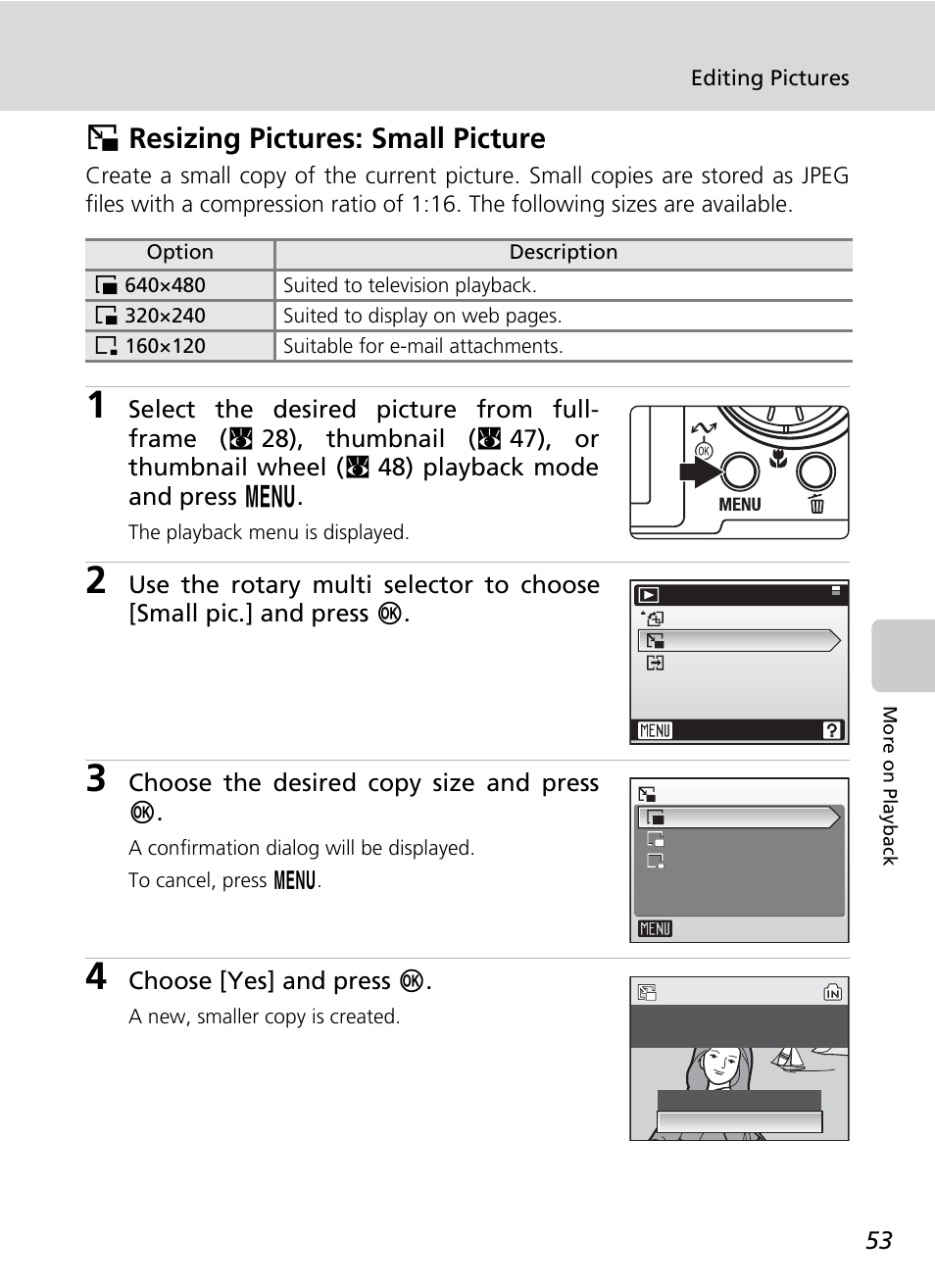 Resizing pictures: small picture, Small picture, Hresizing pictures: small picture | Nikon Coolpix S50c User Manual | Page 67 / 195