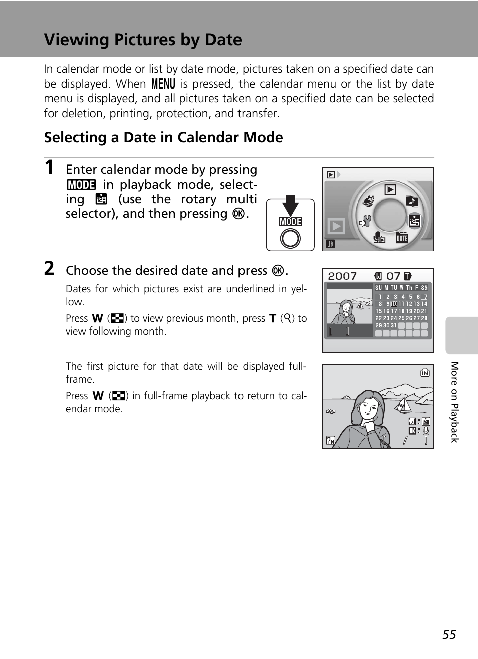 Viewing pictures by date, C 55), Selecting a date in calendar mode | Nikon Coolpix S50c User Manual | Page 69 / 195