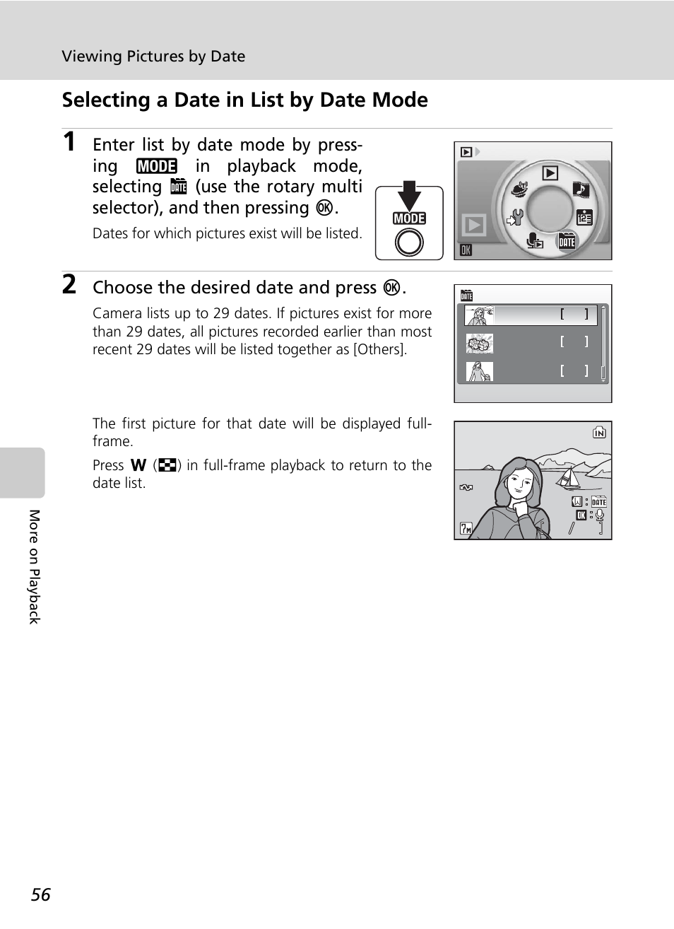 C 56, Selecting a date in list by date mode, Choose the desired date and press d | Nikon Coolpix S50c User Manual | Page 70 / 195