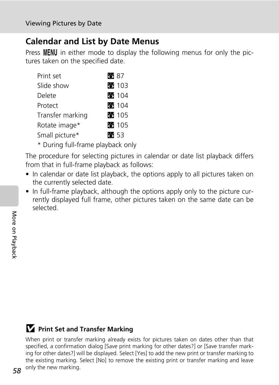 C 58), Calendar and list by date menus | Nikon Coolpix S50c User Manual | Page 72 / 195