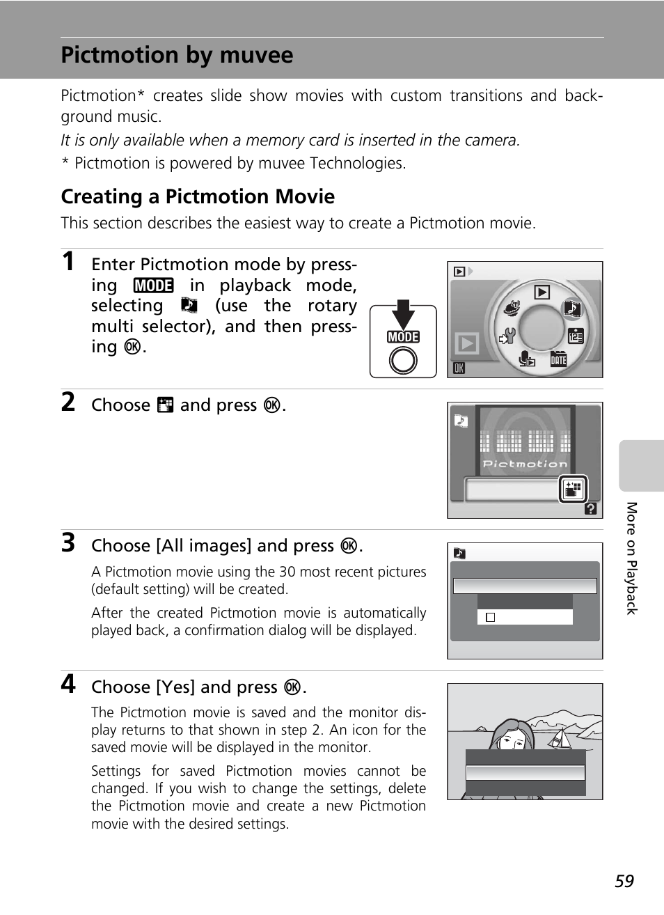 Pictmotion by muvee, C 59, Creating a pictmotion movie | Nikon Coolpix S50c User Manual | Page 73 / 195