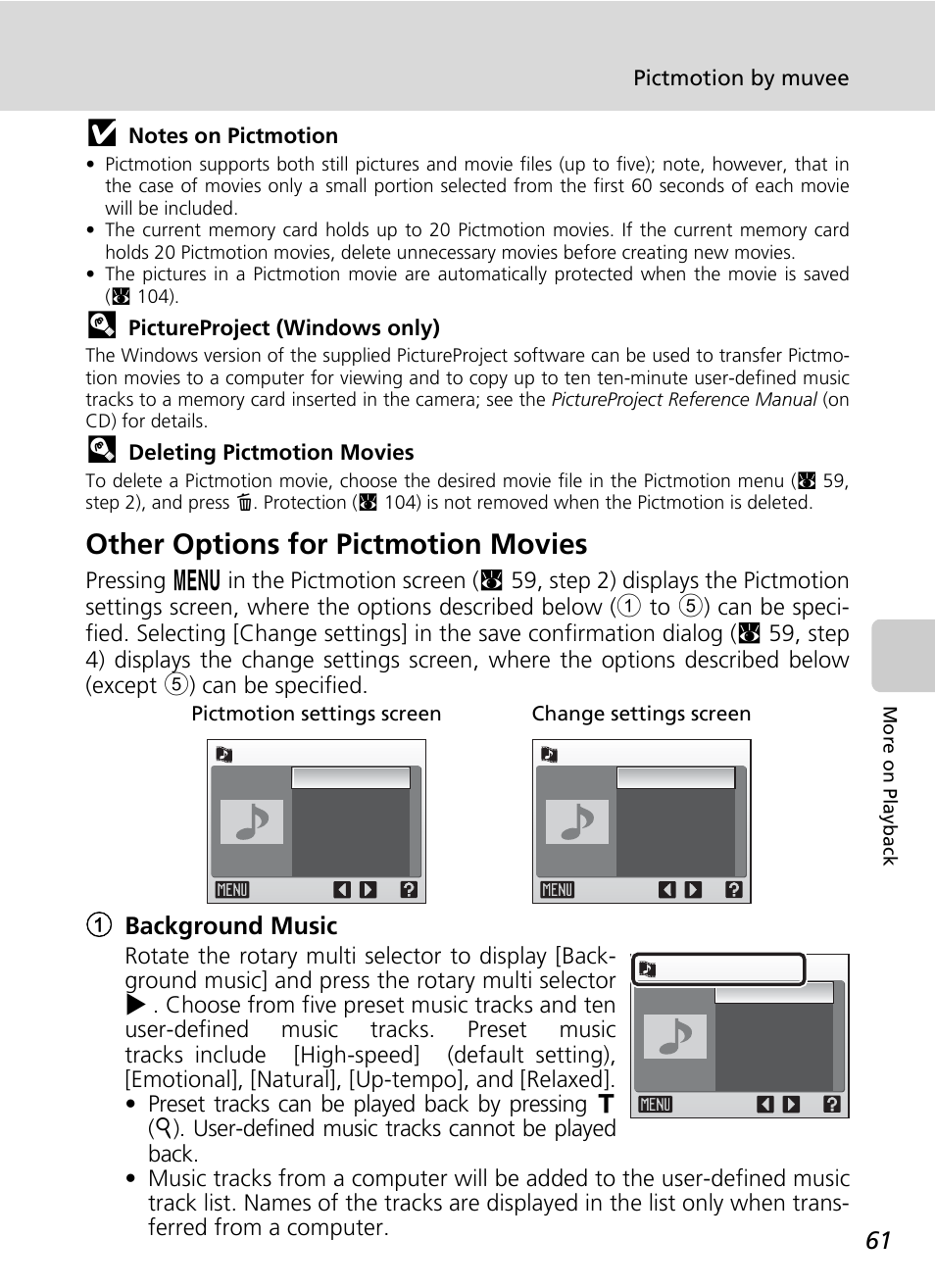 Other options for pictmotion movies, 1background music | Nikon Coolpix S50c User Manual | Page 75 / 195