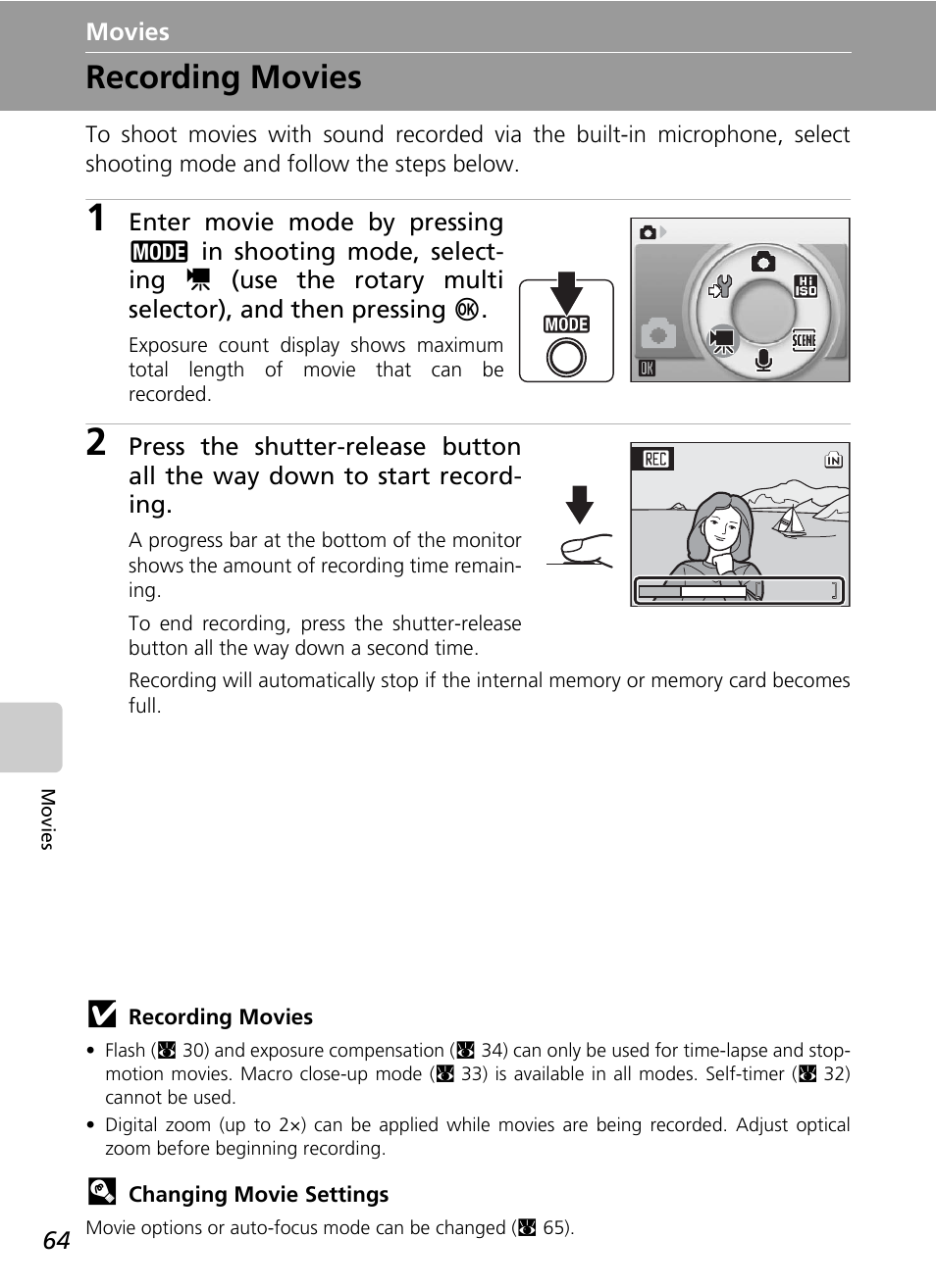 Movies, Recording movies, C 64) | Nikon Coolpix S50c User Manual | Page 78 / 195