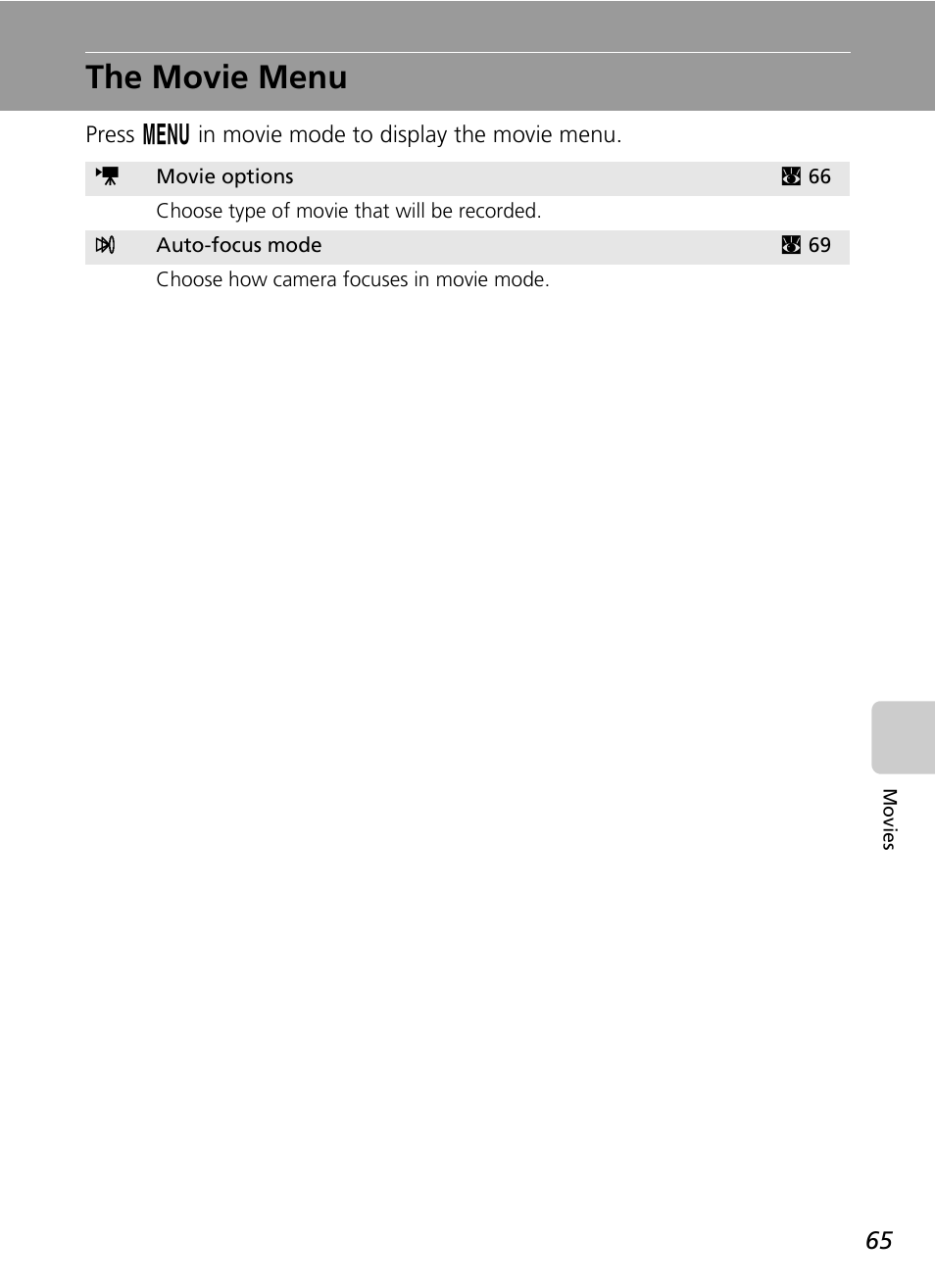 The movie menu, C 65), C 65 | Nikon Coolpix S50c User Manual | Page 79 / 195