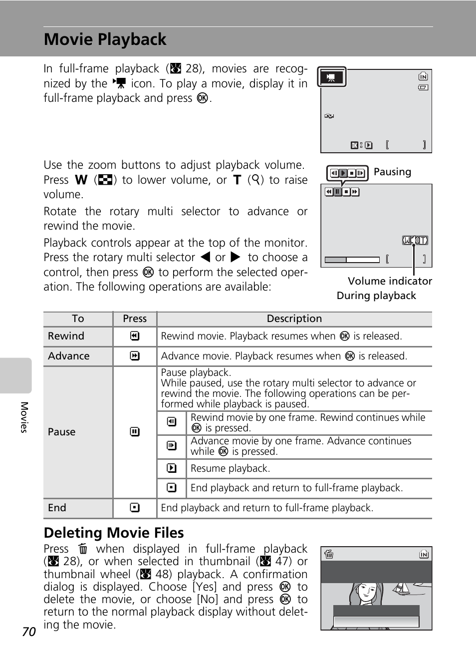 Movie playback, Deleting movie files | Nikon Coolpix S50c User Manual | Page 84 / 195