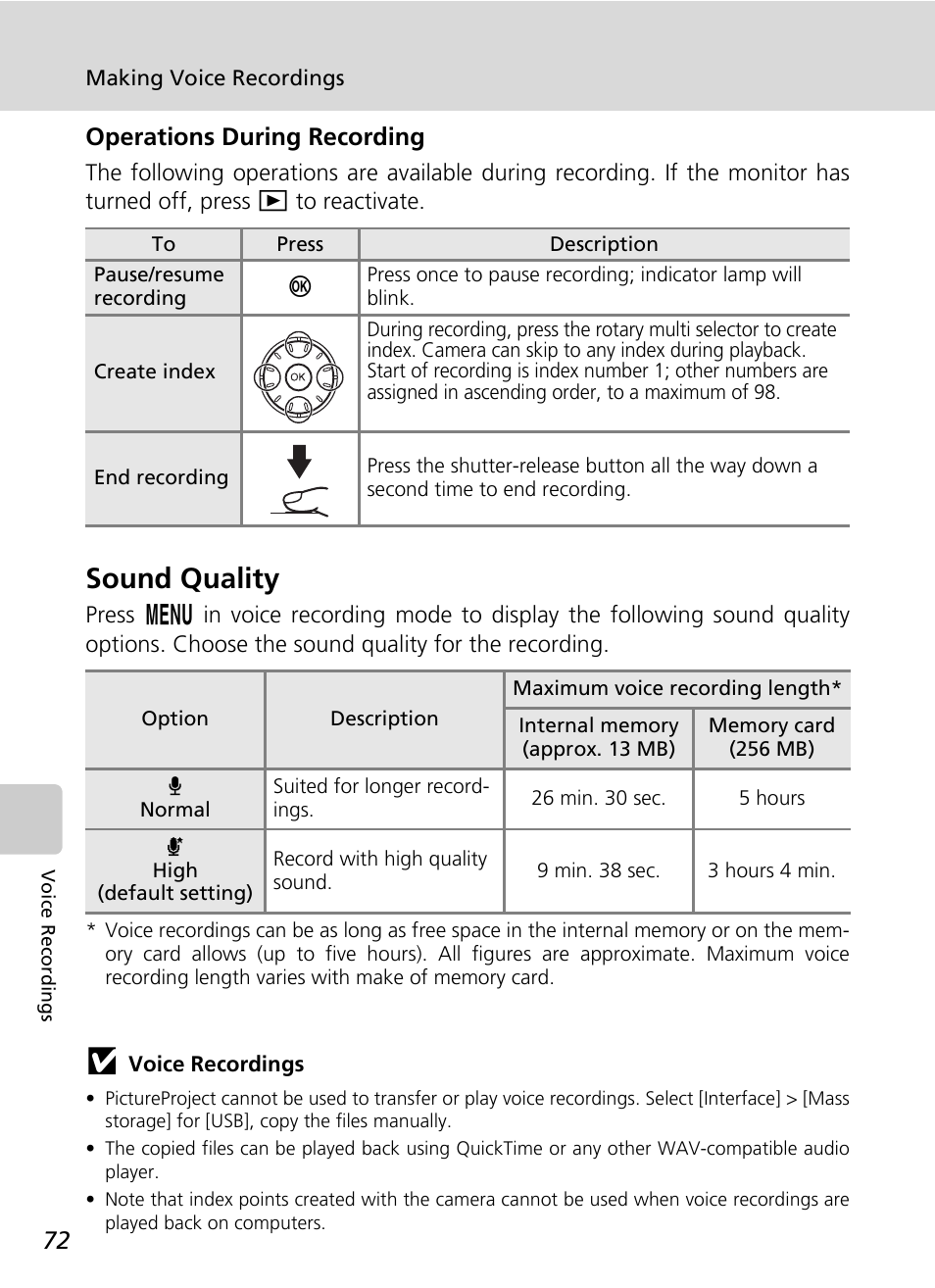 Sound quality, Operations during recording | Nikon Coolpix S50c User Manual | Page 86 / 195