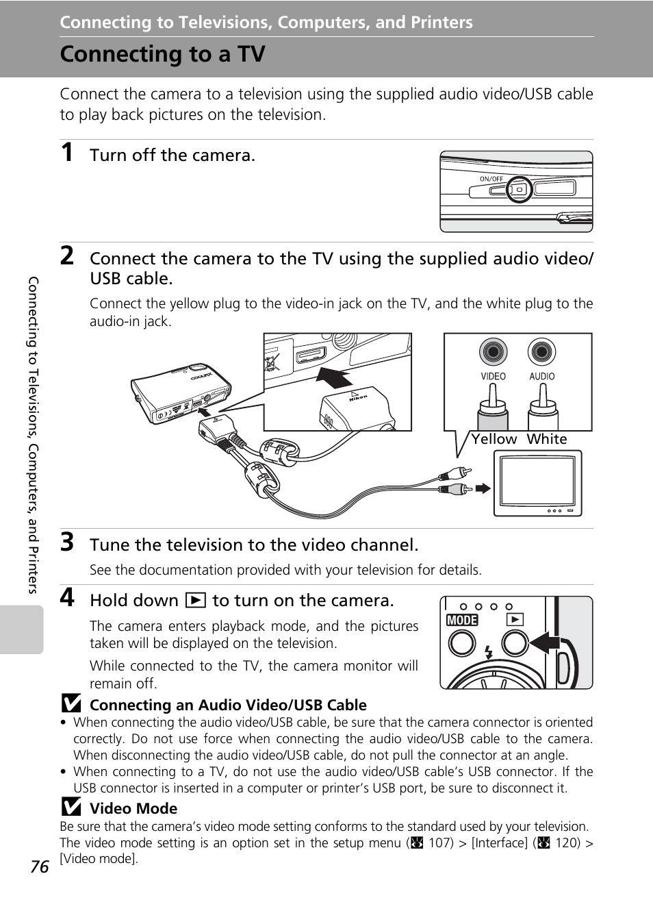 Connecting to televisions, computers, and printers, Connecting to a tv, C 76 | Nikon Coolpix S50c User Manual | Page 90 / 195