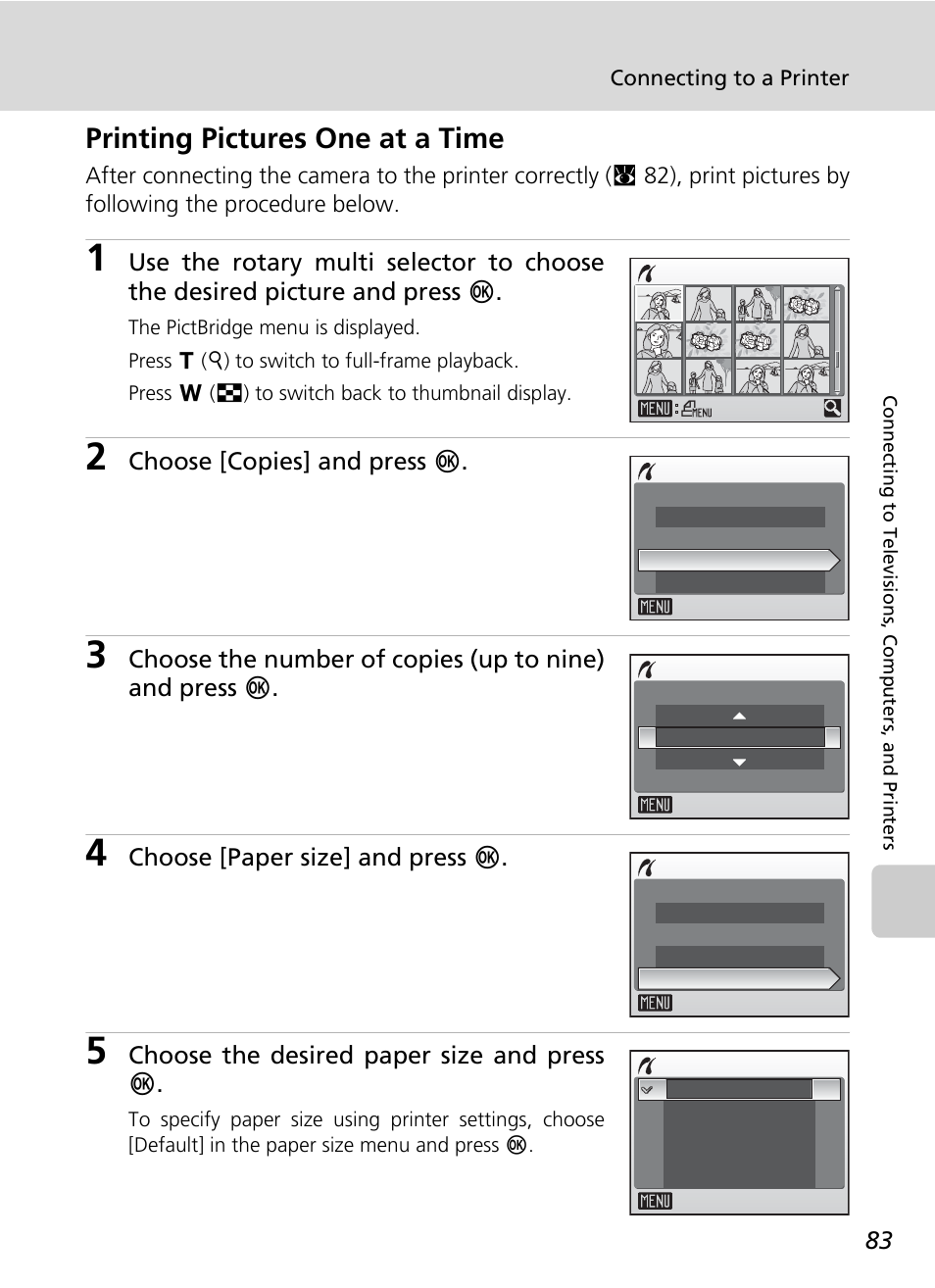 Printing pictures one at a time, C 83) | Nikon Coolpix S50c User Manual | Page 97 / 195