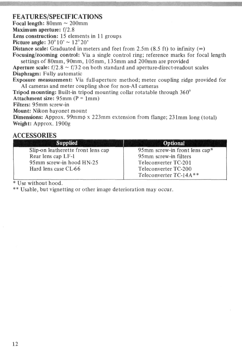 Depth-of-field scale, Infrared photography, Notes on use of tripod mounting collar | Nikon Zoom-Nikkor ED 80-200mm f/2.8 User Manual | Page 12 / 31