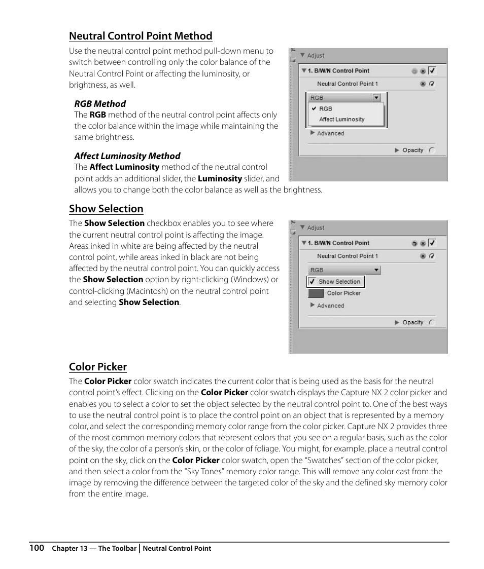 Neutral control point method, Show selection, Color picker | Nikon CAPTURE NX2 User Manual | Page 102 / 268
