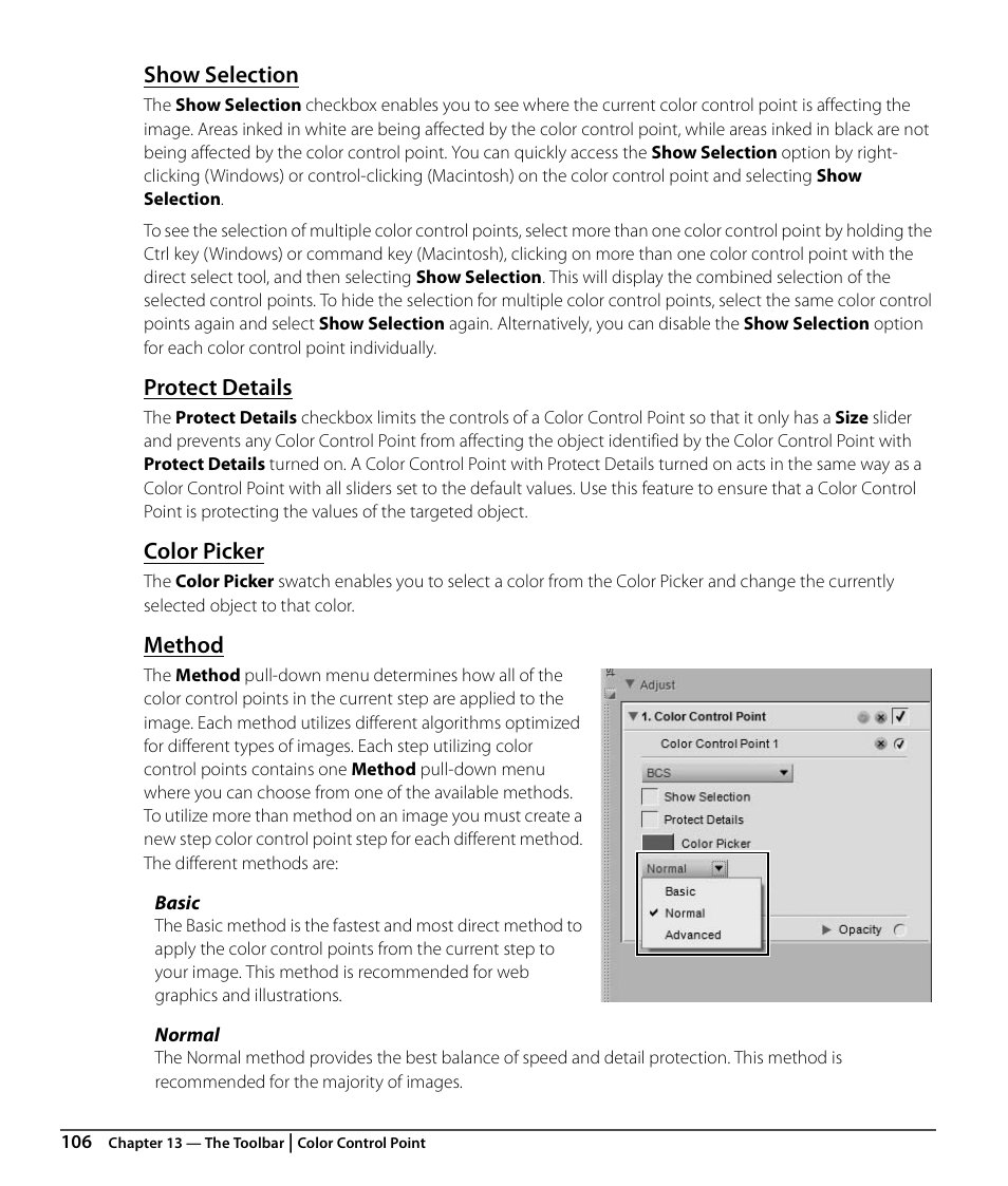 Show selection, Protect details, Color picker | Method | Nikon CAPTURE NX2 User Manual | Page 108 / 268