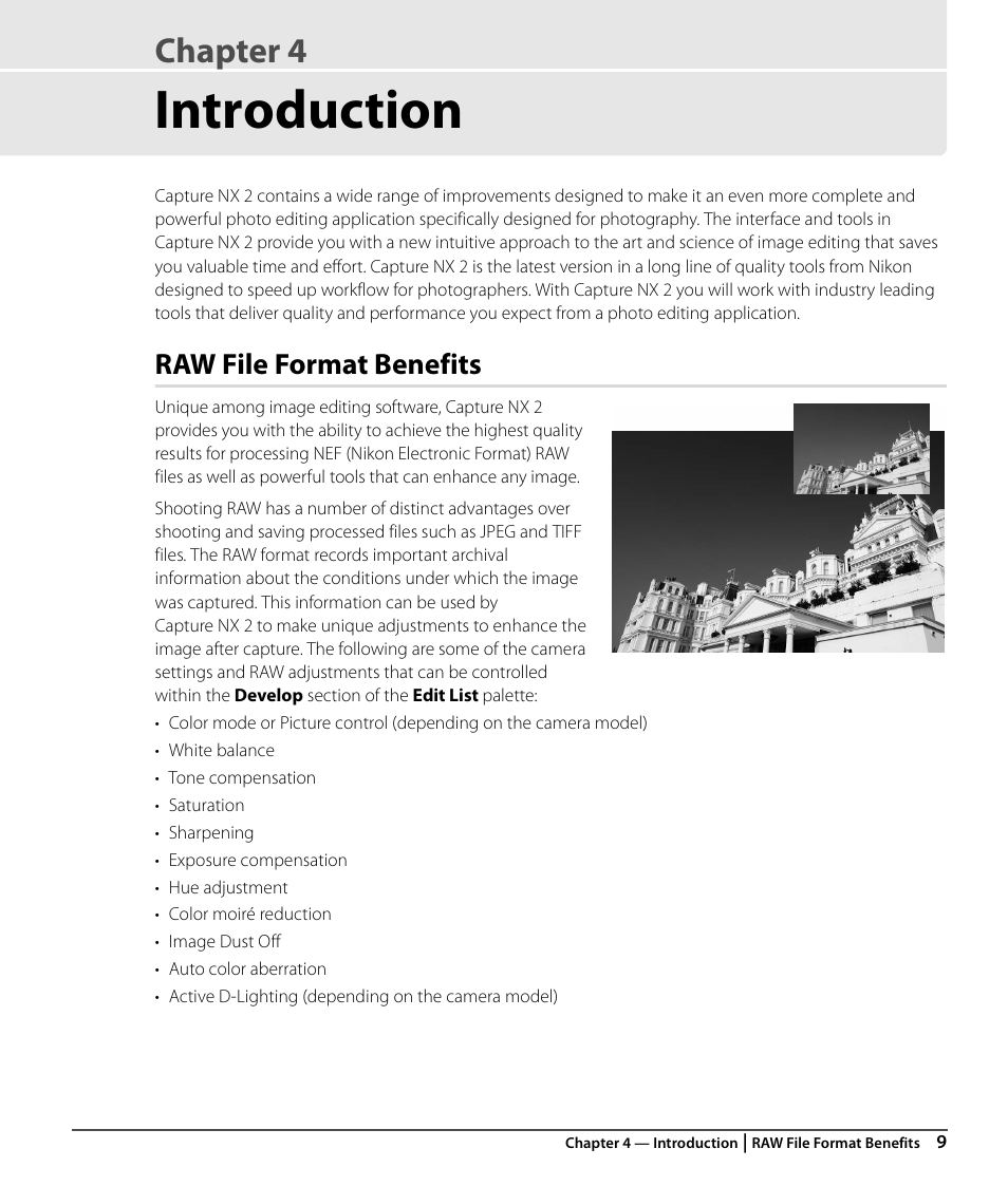 Introduction, Raw file format benefits, Chapter 4 | Nikon CAPTURE NX2 User Manual | Page 11 / 268