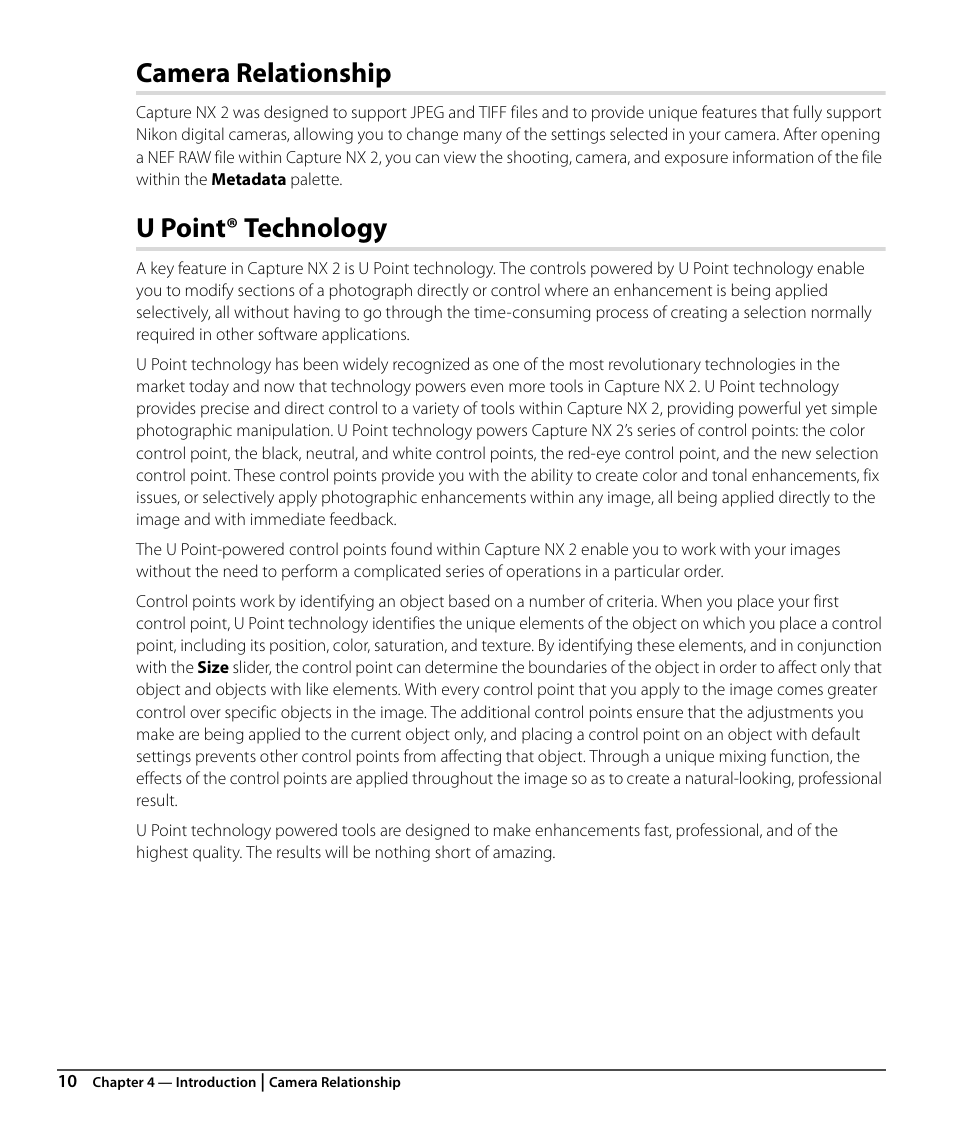 Camera relationship, U point® technology | Nikon CAPTURE NX2 User Manual | Page 12 / 268