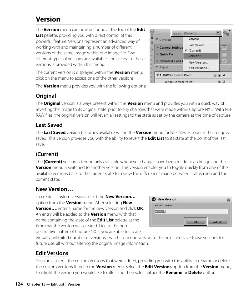 Version, Original, Last saved | Current), New version, Edit versions | Nikon CAPTURE NX2 User Manual | Page 126 / 268