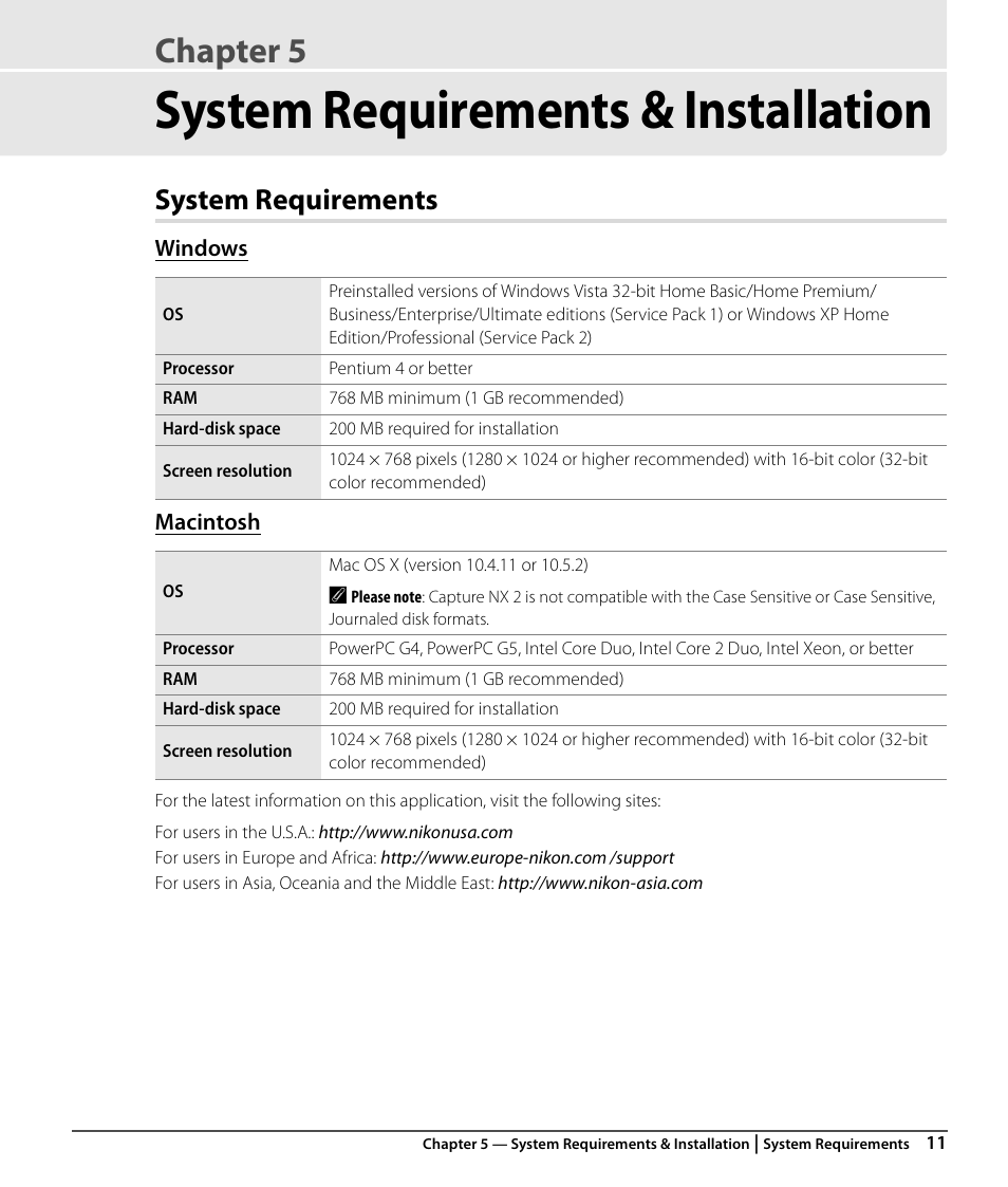 System requirements & installation, System requirements, Windows | Macintosh, Chapter 5 | Nikon CAPTURE NX2 User Manual | Page 13 / 268