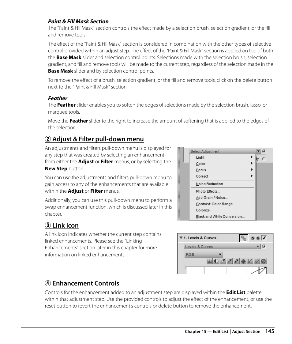 Adjust & filter pull-down menu, Link icon, Enhancement controls | Nikon CAPTURE NX2 User Manual | Page 147 / 268