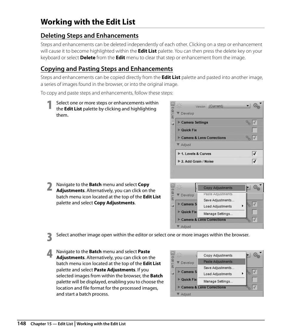 Working with the edit list, Deleting steps and enhancements, Copying and pasting steps and enhancements | Nikon CAPTURE NX2 User Manual | Page 150 / 268