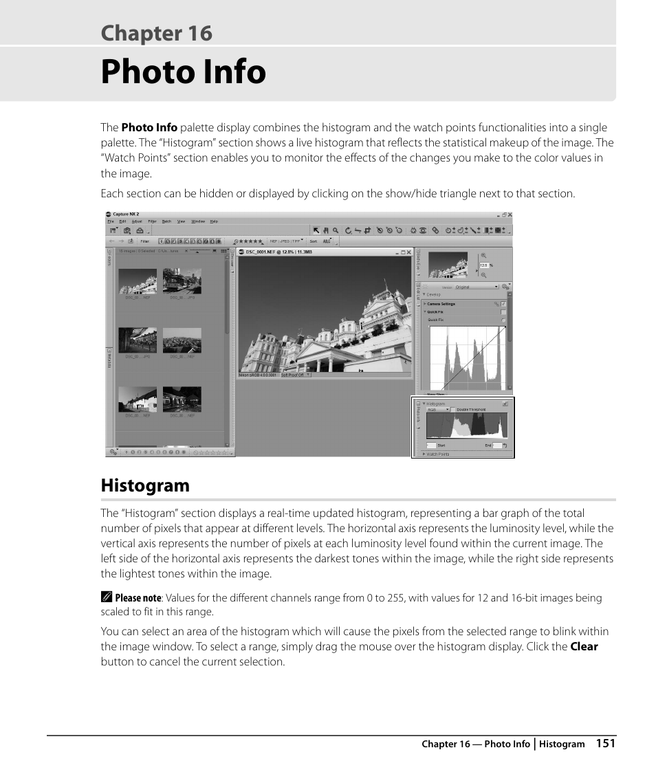 Photo info, Histogram, Chapter 16 | Nikon CAPTURE NX2 User Manual | Page 153 / 268