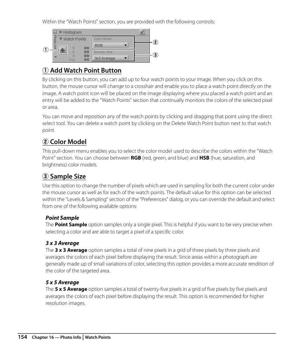 Add watch point button, Color model, Sample size | Nikon CAPTURE NX2 User Manual | Page 156 / 268