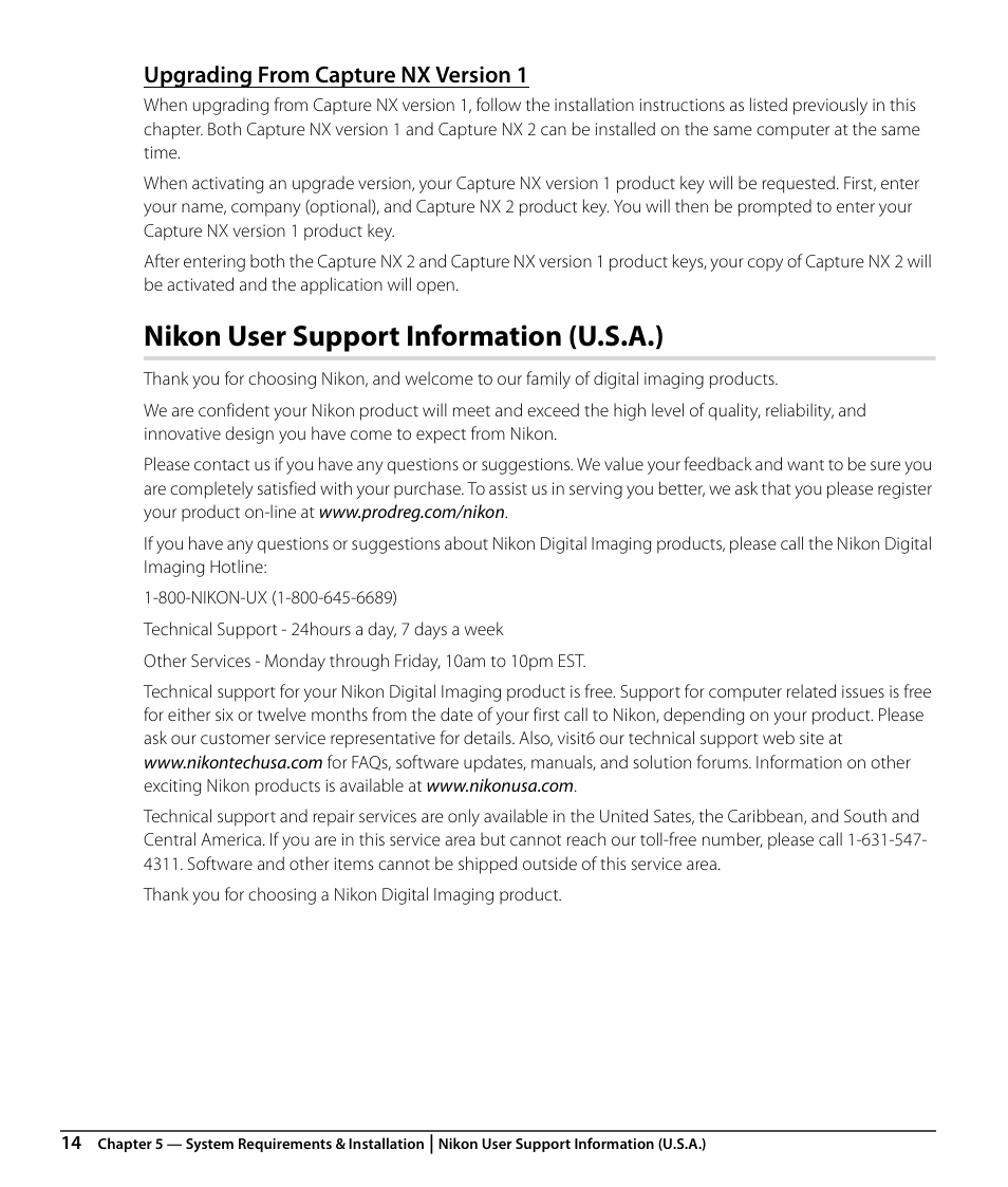 Upgrading from capture nx version 1, Nikon user support information (u.s.a.) | Nikon CAPTURE NX2 User Manual | Page 16 / 268