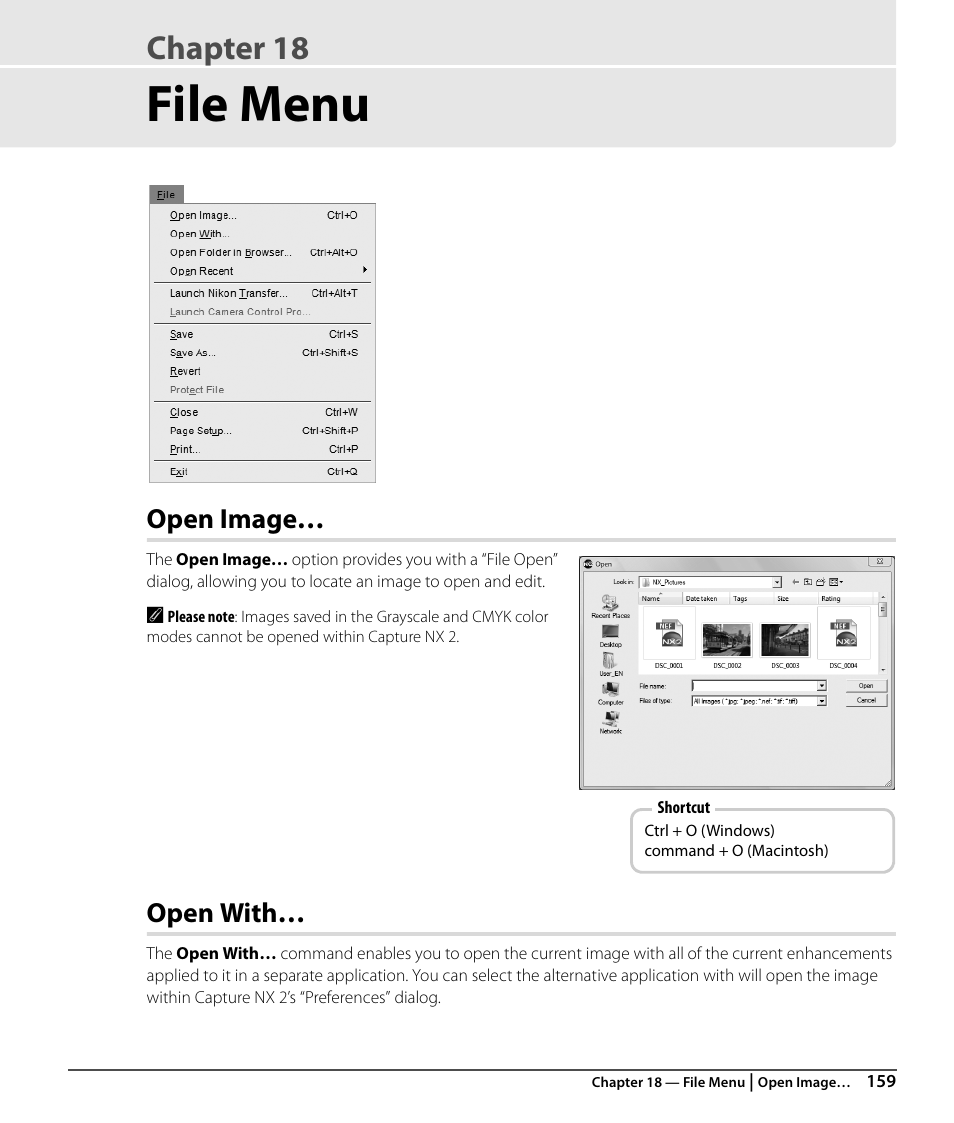 File menu, Open image, Open with | Chapter 18 | Nikon CAPTURE NX2 User Manual | Page 161 / 268