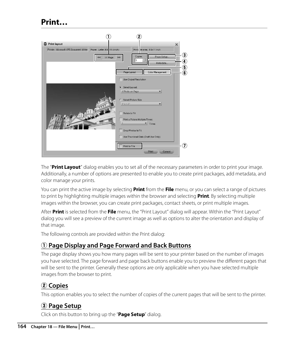 Print, Copies, Page display and page forward and back buttons | Page setup | Nikon CAPTURE NX2 User Manual | Page 166 / 268