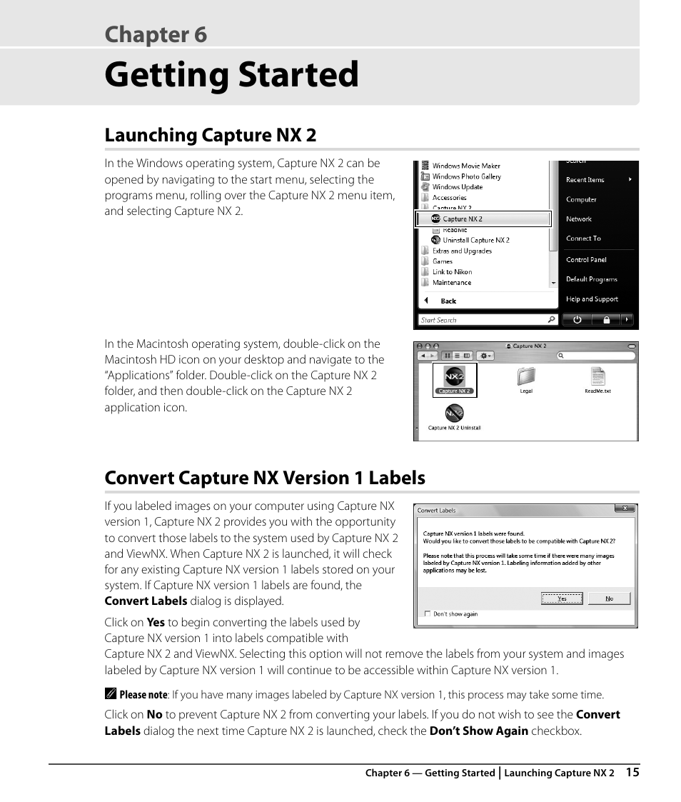 Getting started, Launching capture nx 2, Convert capture nx version 1 labels | Chapter 6 | Nikon CAPTURE NX2 User Manual | Page 17 / 268