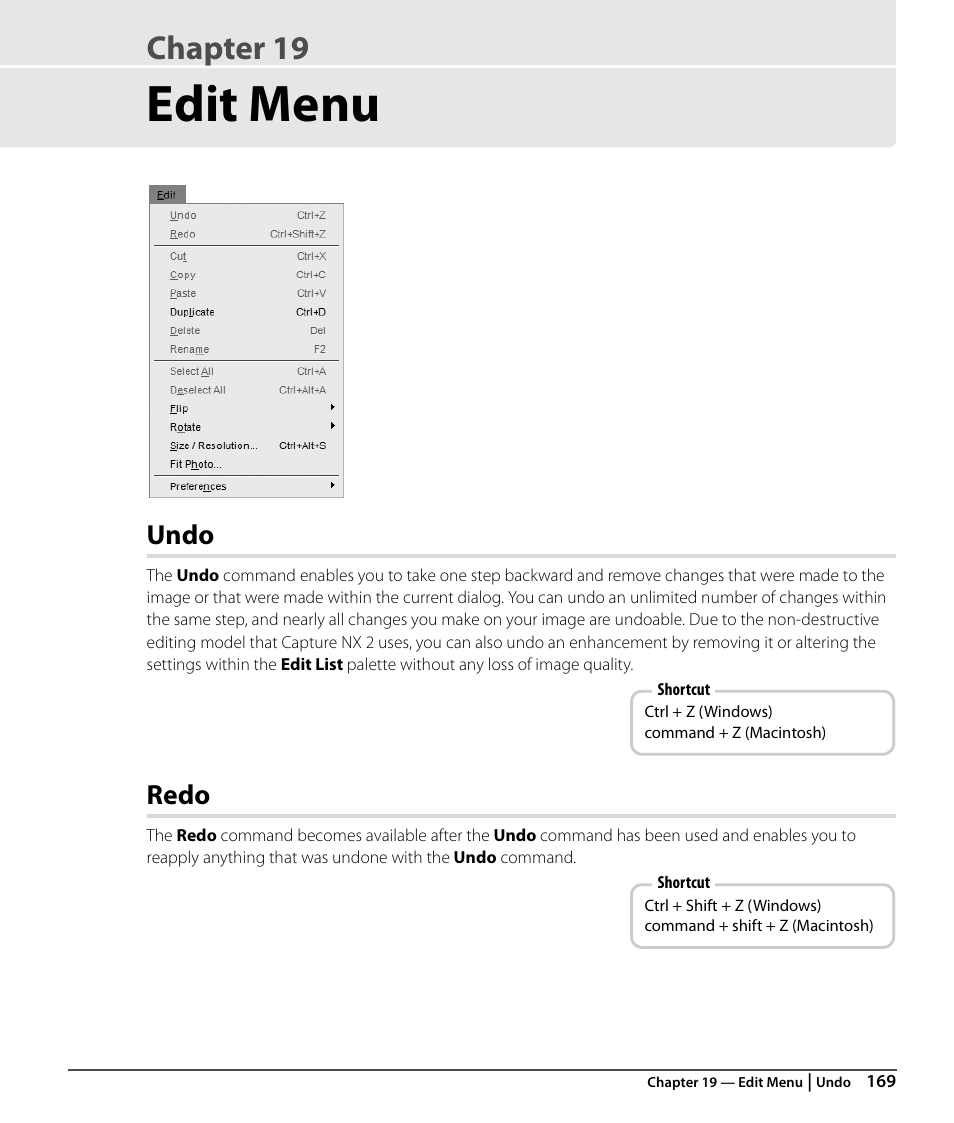 Edit menu, Undo, Redo | Chapter 19 | Nikon CAPTURE NX2 User Manual | Page 171 / 268