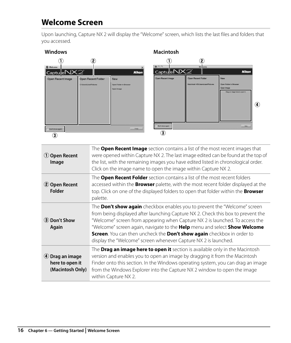 Welcome screen, Open recent image, Open recent folder | Don’t show again, Drag an image here to open it (macintosh only) | Nikon CAPTURE NX2 User Manual | Page 18 / 268
