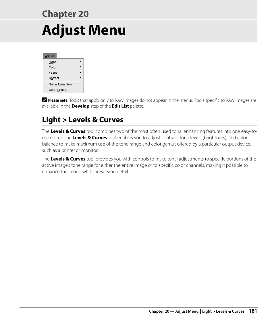 Adjust menu, Light > levels & curves, Chapter 20 | Nikon CAPTURE NX2 User Manual | Page 183 / 268