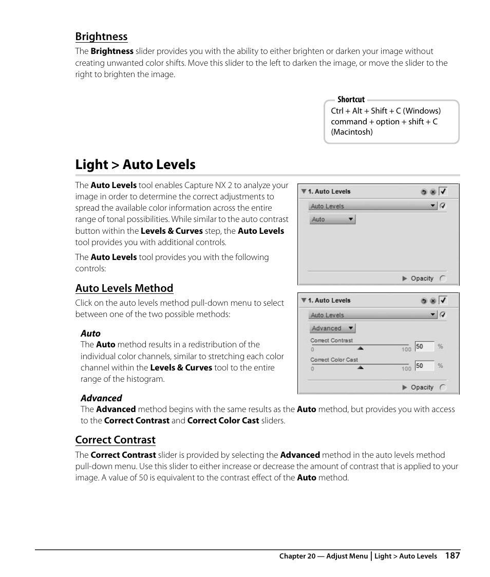 Brightness, Light > auto levels, Auto levels method | Correct contrast | Nikon CAPTURE NX2 User Manual | Page 189 / 268