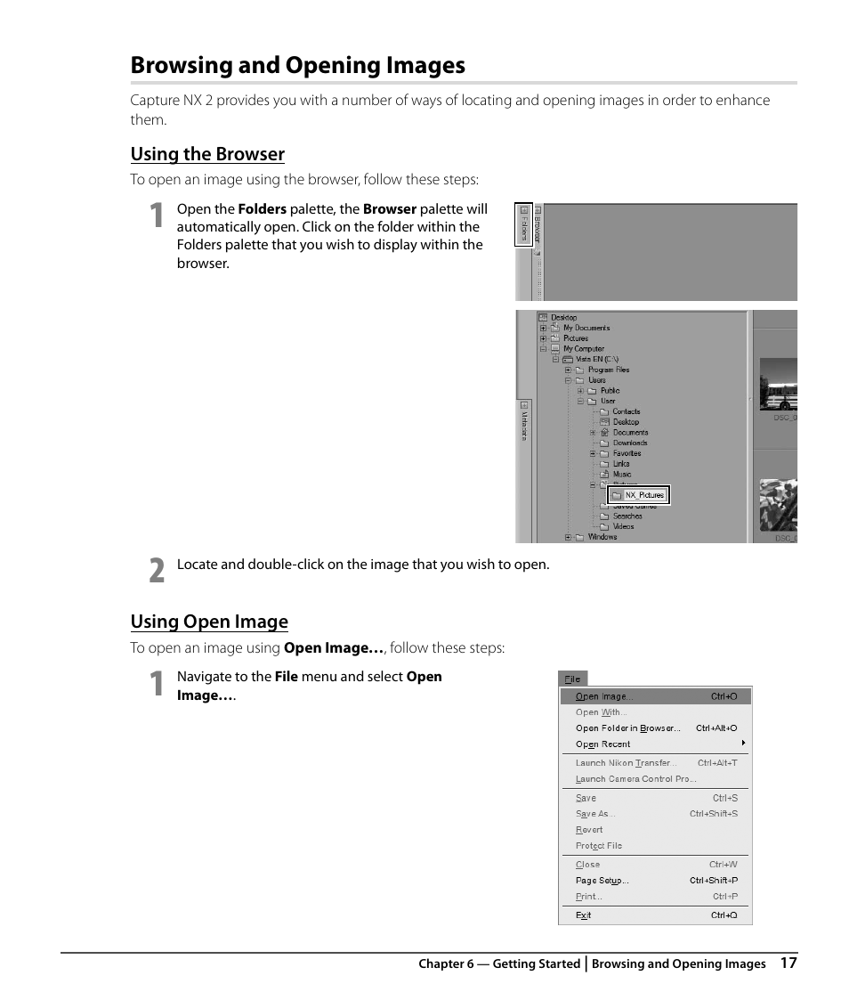 Browsing and opening images, Using the browser, Using open image | Nikon CAPTURE NX2 User Manual | Page 19 / 268