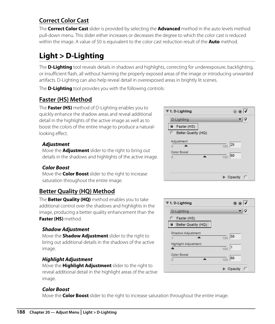 Correct color cast, Light > d-lighting, Faster (hs) method | Better quality (hq) method | Nikon CAPTURE NX2 User Manual | Page 190 / 268