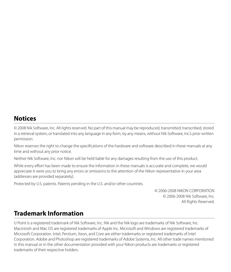 Notices & trademark information, Notices, Trademark information | Nikon CAPTURE NX2 User Manual | Page 2 / 268