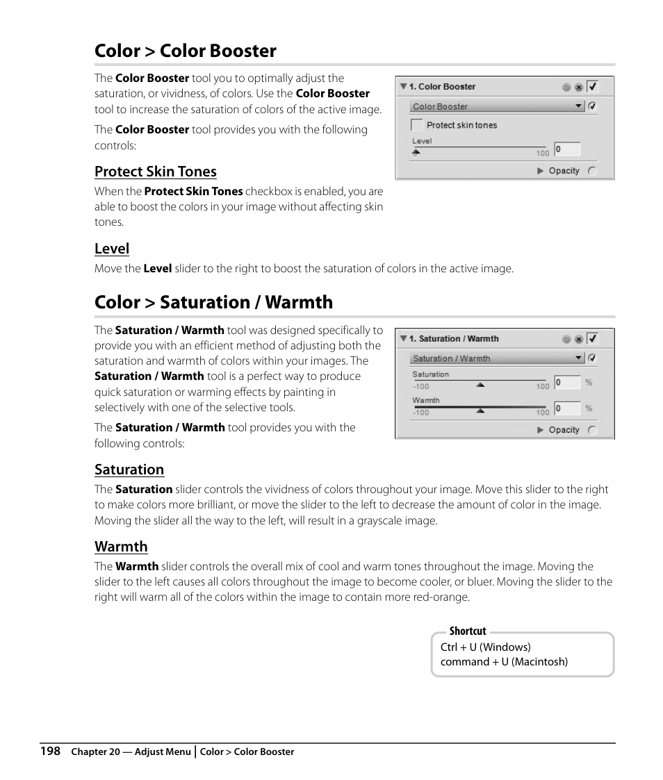 Color > color booster, Protect skin tones, Level | Color > saturation / warmth, Saturation, Warmth | Nikon CAPTURE NX2 User Manual | Page 200 / 268